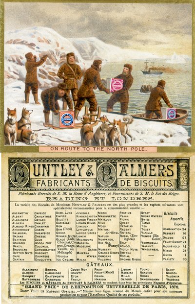 Op weg naar de Noordpool, voor- en achterkant van een promotiekaart voor Huntley & Palmers Biscuits, geproduceerd voor de Franse markt, 1890 door English School