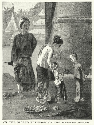 Op het heilige platform van de Rangoon Pagoda (gravure) door English School