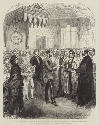 Opening van de Algemene Vergadering van de Kerk van Schotland, de Graaf van Aberdeen, als Lord High Commissioner, ontvangt de sleutels van de stad Edinburgh in Holyrood Palace door English School