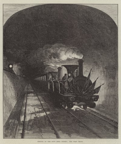Opening van de Mont Cenis-tunnel, de eerste trein (gravure) door English School