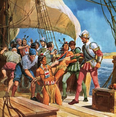 Operatie Redskin. In 1605 zeilde Sir Ferdinando Gorges naar Amerika en ontvoerde vijf Indianen zodat de Lord Chief Justice meer kon leren over de inheemse Amerikanen. door English School
