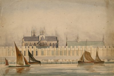 Originele aquareltekening van de bouw van de Houses of Parliament rond 1842 door English School