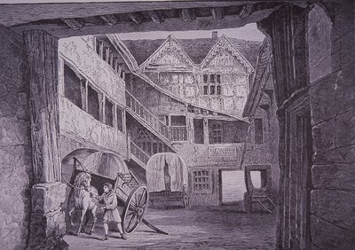 Staljongen verzorgt paard in binnenplaats van de New Inn, Gloucester door English School