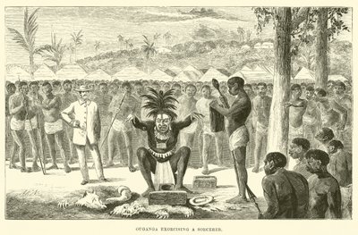 Ouganga die een tovenaar uitdrijft (gravure) door English School