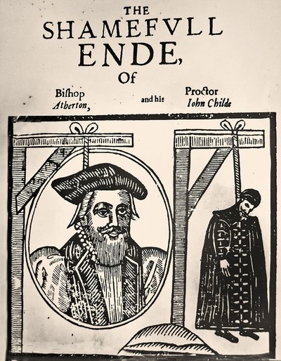 Pamflet waarin de executie van John Atherton en zijn geliefde John Childe voor sodomie wordt aangekondigd door English School