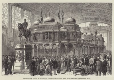 Parijs tentoonstelling, paviljoen van de Indiase collectie van de prins van Wales in de grote vestibule van het tentoonstellingspaleis (gravure) door English School