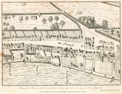 Een deel van de Strand en Covent Garden, Londen, zoals ze verschenen in het bewind van koningin Elizabeth door English School