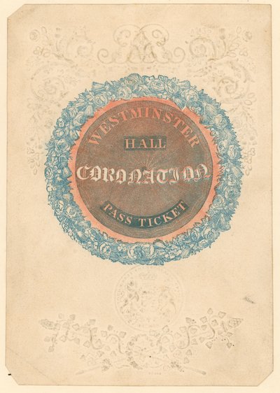 Toegangsbewijs voor het grote kroningsbanket van Koning George IV in Westminster Hall, 17 juli 1821 door English School