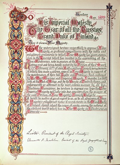 Verzoekschrift aan Tsaar Nicolaas II van Rusland tegen de Russificatie van Finland, 1899 door English School
