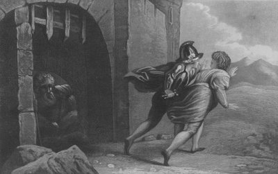 Pelgrims ontsnappen uit Kasteel Twijfel (gravure) door English School
