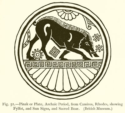 Pinak of bord, archaïsche periode, van Camiros, Rhodos, met fylfot, zonnetekens en heilig everzwijn door English School