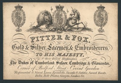 Pitter en Fox, Goud- en Zilverkantwerkers en Borduurders, Bedford Street, Covent Garden, handelskaart door English School