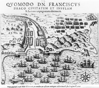 Plan dat toont hoe Francis Drake (ca. 1540-96) het eiland San Jacob bestormde en vasthield door English School