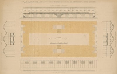 Plan, gevels en doorsneden van museumgebouw op Kensington Gore Estate door English School