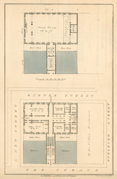 Plan voor gebouwen tijdens een voorgestelde verbreding van The Strand in de buurt van Exeter Change door English School