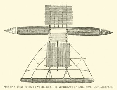 Plan van een grote kano, of outrigger, van de archipel van Santa Cruz, na Labillardiere door English School