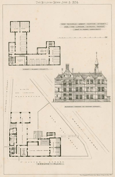 Plan van nieuwe scholen, Great Hunter Street Scholen, Old Kent Road door English School