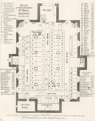 Plattegrond van de kerk van St. Pauls, Shadwell, Londen, afgebroken in 1817 door English School