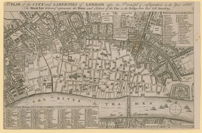 Plan van de stad en vrijheden van Londen na de verschrikkelijke brand in het jaar 1666 door English School