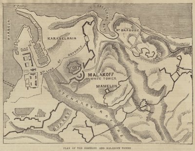 Plan van de Mamelon en Malakoff Toren (gravure) door English School