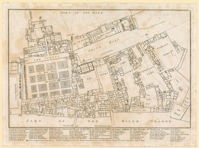 Plattegrond van het Paleis van Whitehall, genomen tijdens het bewind van Karel II, 1680 door English School