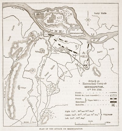 Plan van de aanval op Seringapatam, illustratie uit Cassells Geïllustreerde Geschiedenis van India door James Grant, uitgegeven 1879 door English School