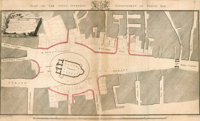 Plan van de voorgenomen verbetering van de stad bij Temple Bar, Londen door English School