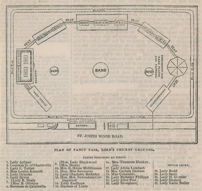 Plan van de fancy fair op Lords Cricket Ground door English School