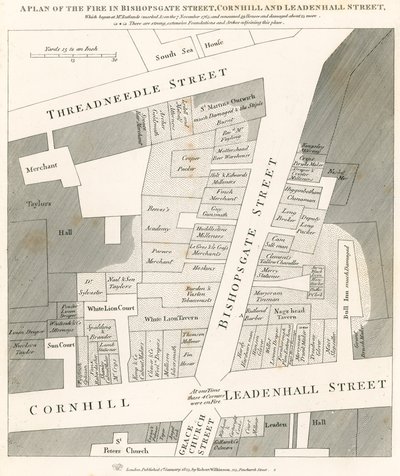 Plattegrond van de brand in Bishopsgate Street, Cornhill en Leadenhall Street, Londen, die begon op 7 november 1765 door English School