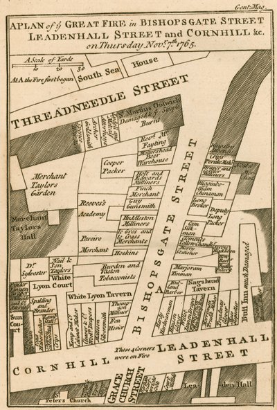 Plattegrond van de brand in Bishopsgate Street, Cornhill en Leadenhall Street, Londen, die begon op 7 november 1765 door English School