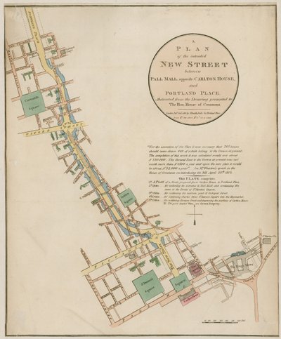 Plan van de beoogde nieuwe straat (Regent Street) tussen Pall Mall en Portland Place door English School
