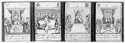Speelkaarten die gebeurtenissen uitbeelden aan het begin van het bewind van koningin Anne, uit een set ter herdenking van de Spaanse Successieoorlog (1702-13) door English School