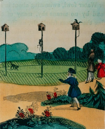 Palen waaraan apen in de zomer waren vastgeketend als speelgoedapen op een stok. 1840s door English School