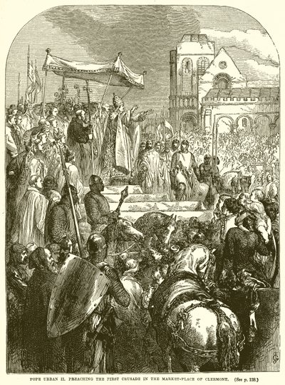 Paus Urbanus II predikt de Eerste Kruistocht op de markt van Clermont door English School