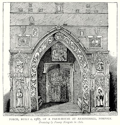 Portiek, gebouwd rond 1587, van een boerderij in Arminghall, Norfolk (gravure) door English School
