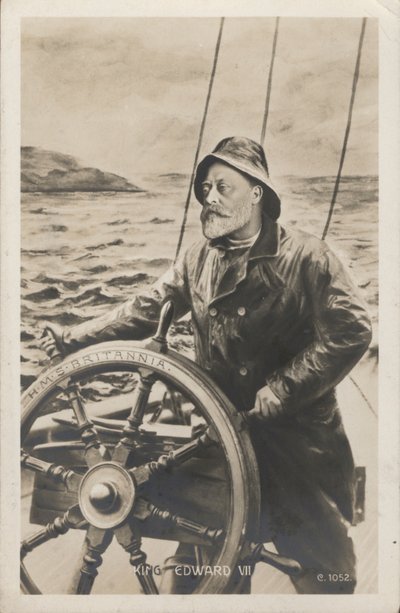 Portret van koning Edward VII aan het roer van HMS Britannia door English School