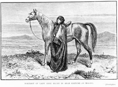 Portret van Lady Anne Blunt in Arabisch kostuum met een Arabisch paard, frontispice van haar boek A Pilgrimage to Nejd, gepubliceerd in 1881 door English School