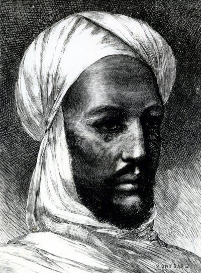 Portret van Muhammad Ahmad (1844-1885), bekend als Mahdi, leider van derwisjen in oorlog tegen de Britten in 1884, koloniale oorlogen, Soedan door English School