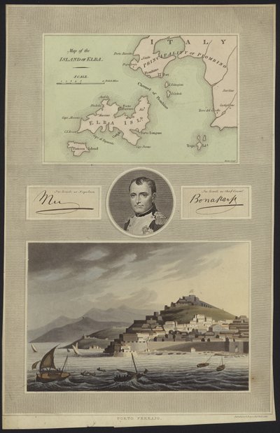Portret van Napoleon Bonaparte met een kaart en een uitzicht op Elba door English School