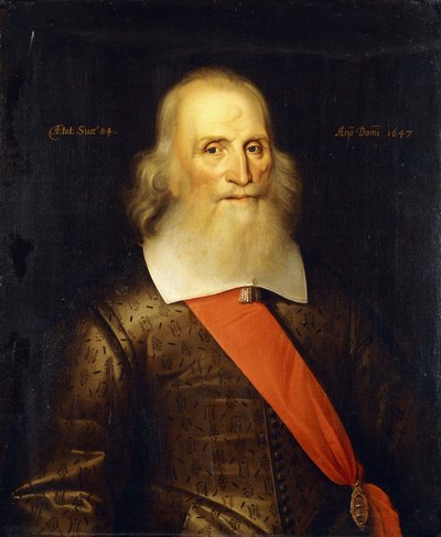Portret van Sir Oliver Cromwell, 84 Jaar, Halflang, in een Geborduurde Dubbeljas met een Witte Kraag en Rode Sjerp, 1647 door English School