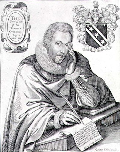 Portret van Sir Thomas Overbury die zijn grafschrift schrijft, gegraveerd door Renold Elstrack 1613 door English School