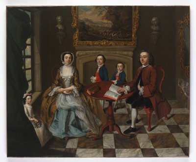 Portret van een familie in een interieur, vermoedelijk de familie Roubel, 1750s door English School