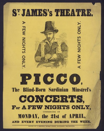 Poster die concerten van Picco, een blinde Sardijnse minstreel, adverteert in St James