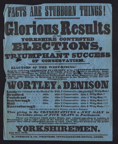 Poster ter viering van de overwinning van conservatieve kandidaten bij parlementsverkiezingen in Yorkshire door English School