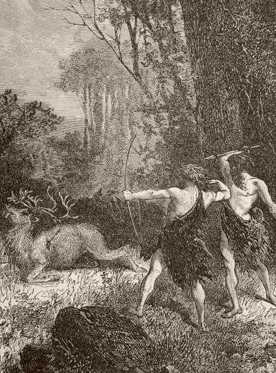 Prehistorische mens die jaagt met boog en pijl en speer door English School