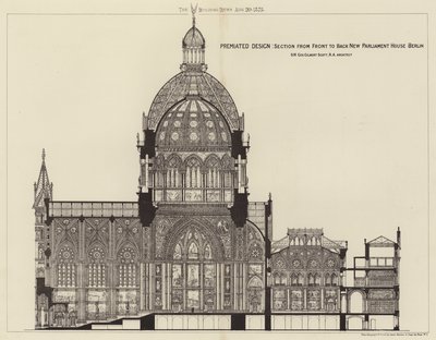 Premiated Ontwerp, Sectie van Voor naar Achter Nieuw Parlementsgebouw Berlijn (gravure) door English School