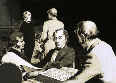 Premier Benjamin Disraeli overlegt met zijn conservatieve collega