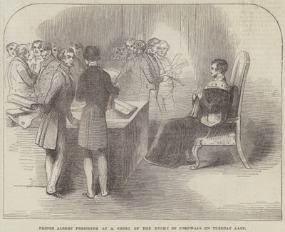 Prins Albert die een Hof van het Hertogdom van Cornwall voorzit afgelopen dinsdag (gravure) door English School