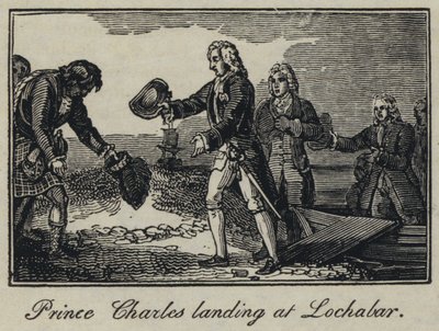 Prins Charles landt bij Lochabar (gravure) door English School