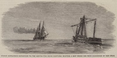 Expeditie van prins Napoleon naar het noorden, de Reine Hortense ontmoet een schip dat door haar bemanning is verlaten (gravure) door English School